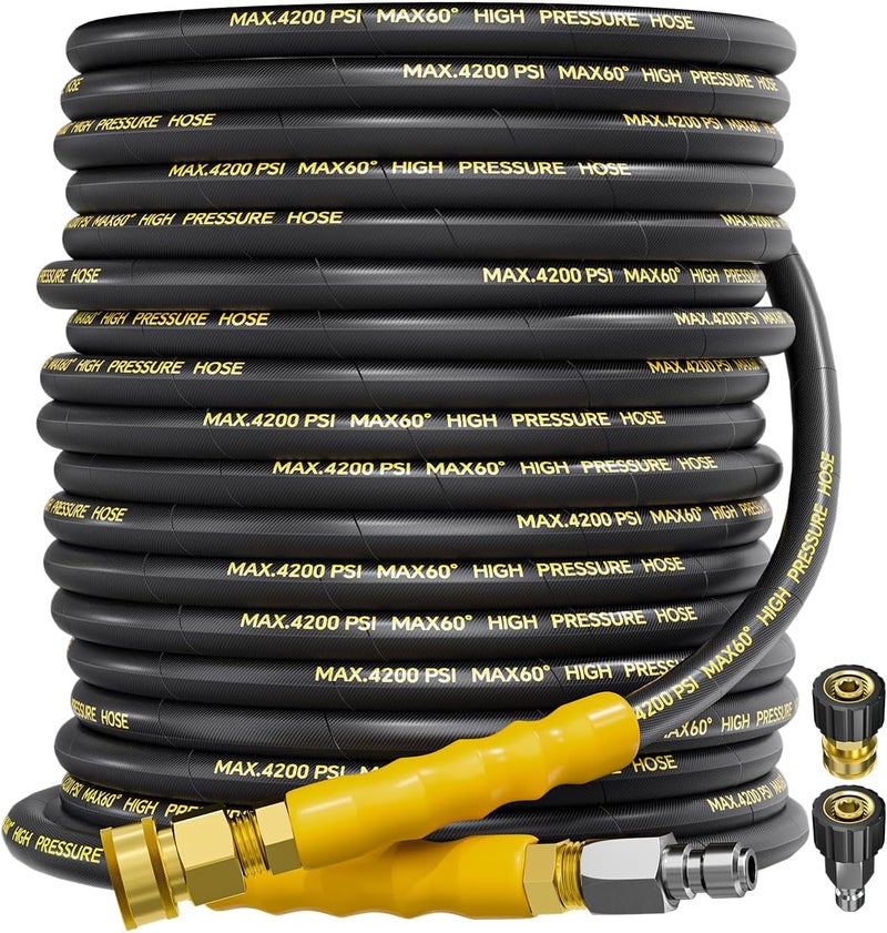 TechSweepPro 4200PSI Pressure Washer Hose 75FT with 3/8" Swivel Quick Connect for Cold/Hot Water, Kink Resistant Steel Wire Braided,1/4" Wear Resistant Power Washer Hose with 2 M22 14mm Adapter Set - Image 1